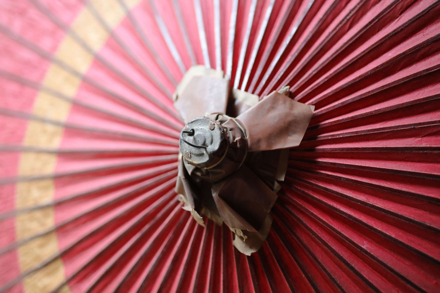 Japanese vintage Traditional Umbrella WAGASA BANGASA  in dark red with a white ring, made of paper and bamboo   H29.9×39.4in/H76×100cm