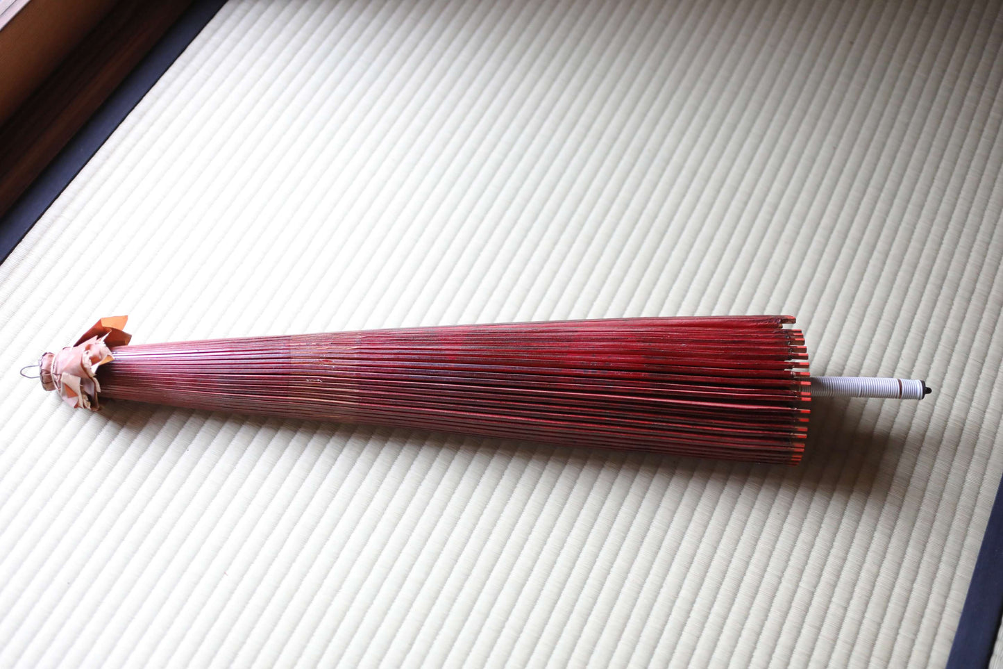 Japanese vintage Traditional Umbrella WAGASA BANGASA  in dark red with a white ring, made of paper and bamboo   H29.9×39.4in/H76×100cm