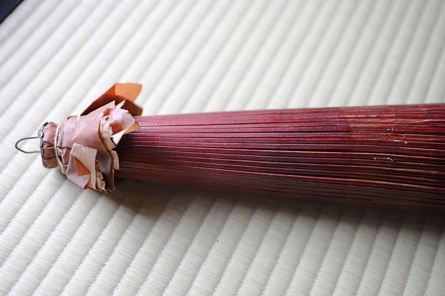 Japanese vintage Traditional Umbrella WAGASA BANGASA  in dark red with a white ring, made of paper and bamboo   H29.9×39.4in/H76×100cm