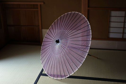 Japanese vintage KIMONO item Traditional Umbrella WAGASA BANGASA  in purple, made of silk gauze and bamboo   H33.7×34.8in/H85.5×88.5cm