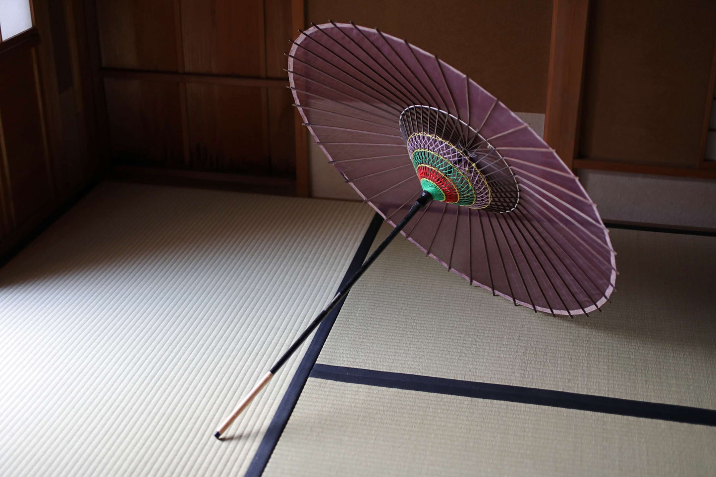 Japanese vintage KIMONO item Traditional Umbrella WAGASA BANGASA  in purple, made of silk gauze and bamboo   H33.7×34.8in/H85.5×88.5cm