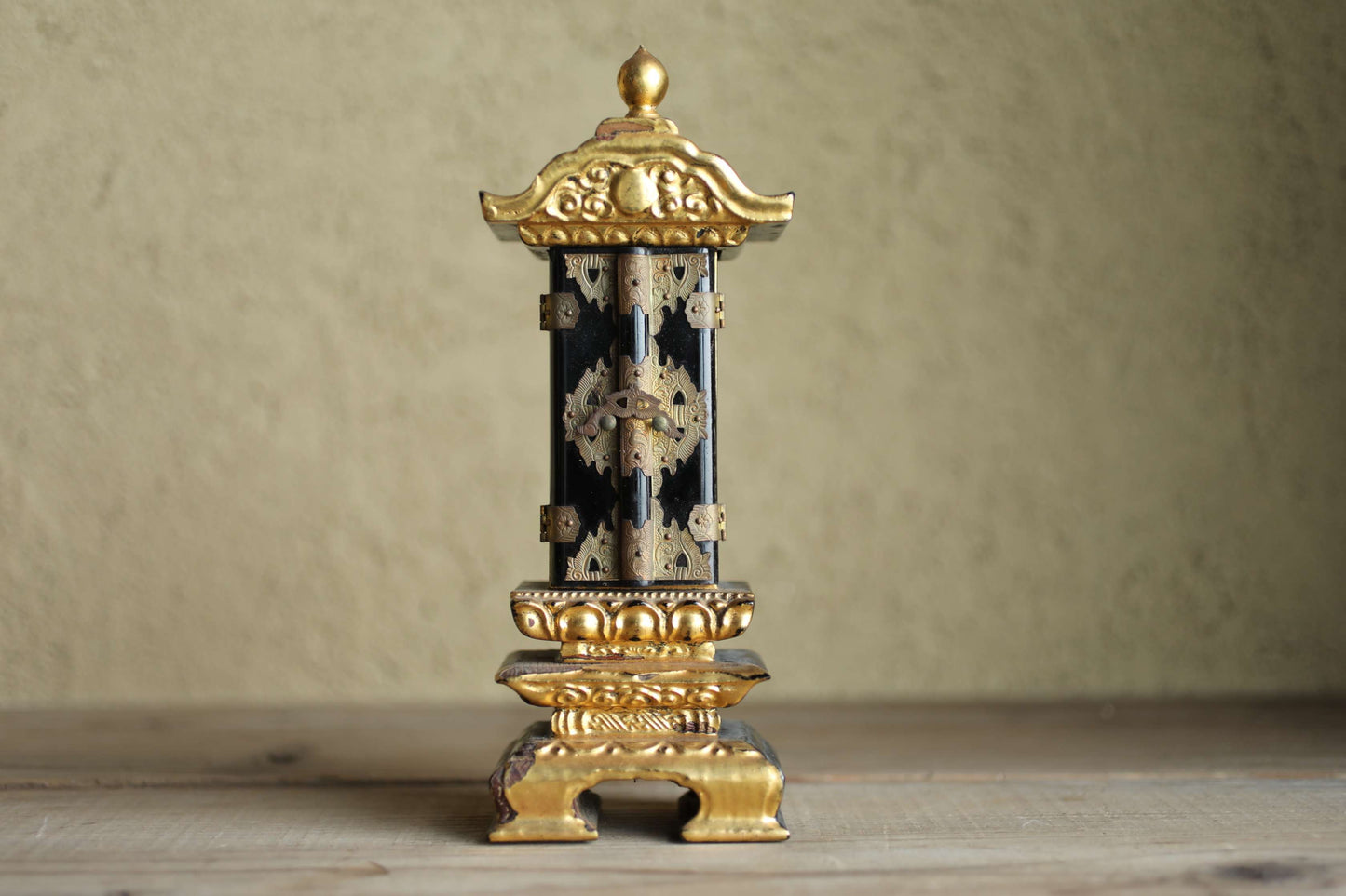 Vintage Japanese Buddhist Ihai Shrine: Gold Lacquer metal craft Ancestral Altar 1970s H8.3in/H21cm