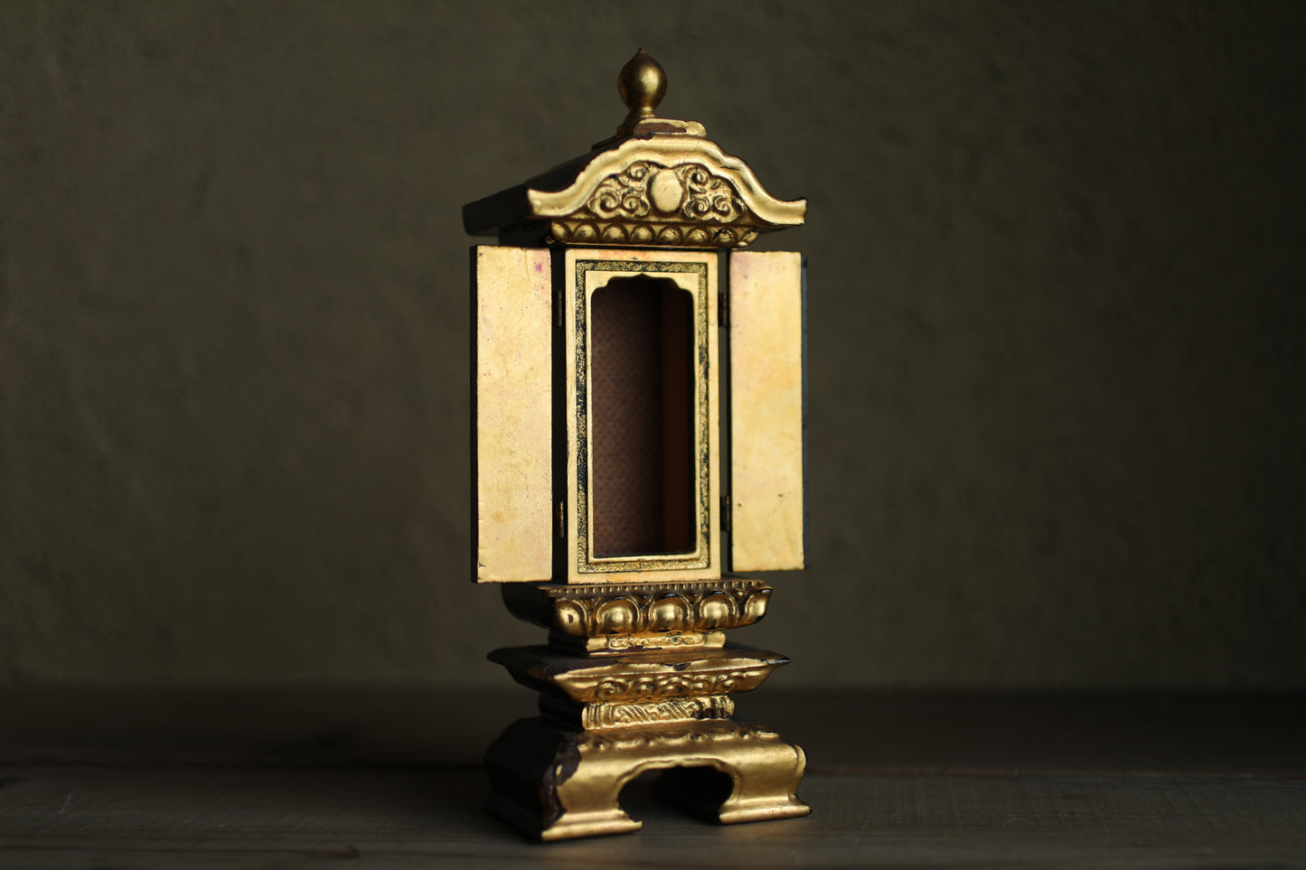 Vintage Japanese Buddhist Ihai Shrine: Gold Lacquer metal craft Ancestral Altar 1970s H8.3in/H21cm