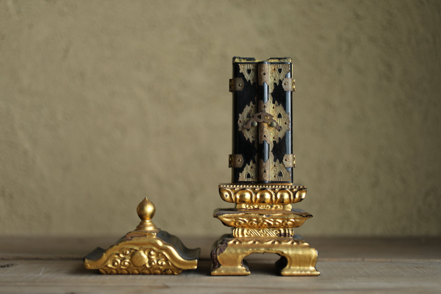 Vintage Japanese Buddhist Ihai Shrine: Gold Lacquer metal craft Ancestral Altar 1970s H8.3in/H21cm