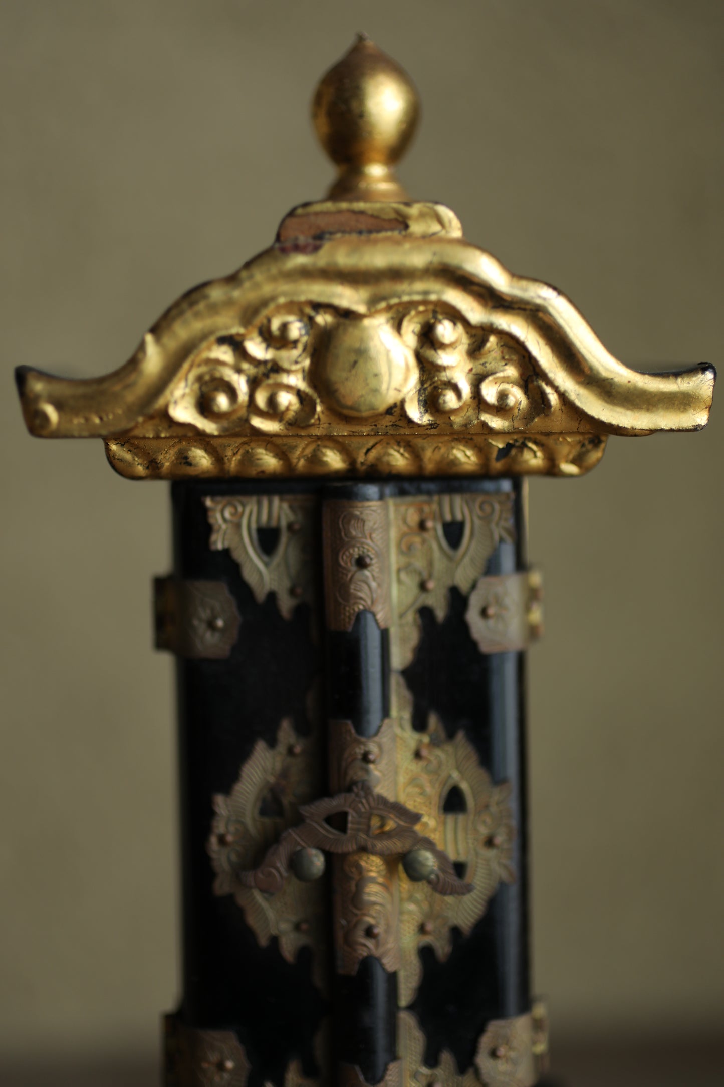 Vintage Japanese Buddhist Ihai Shrine: Gold Lacquer metal craft Ancestral Altar 1970s H8.3in/H21cm