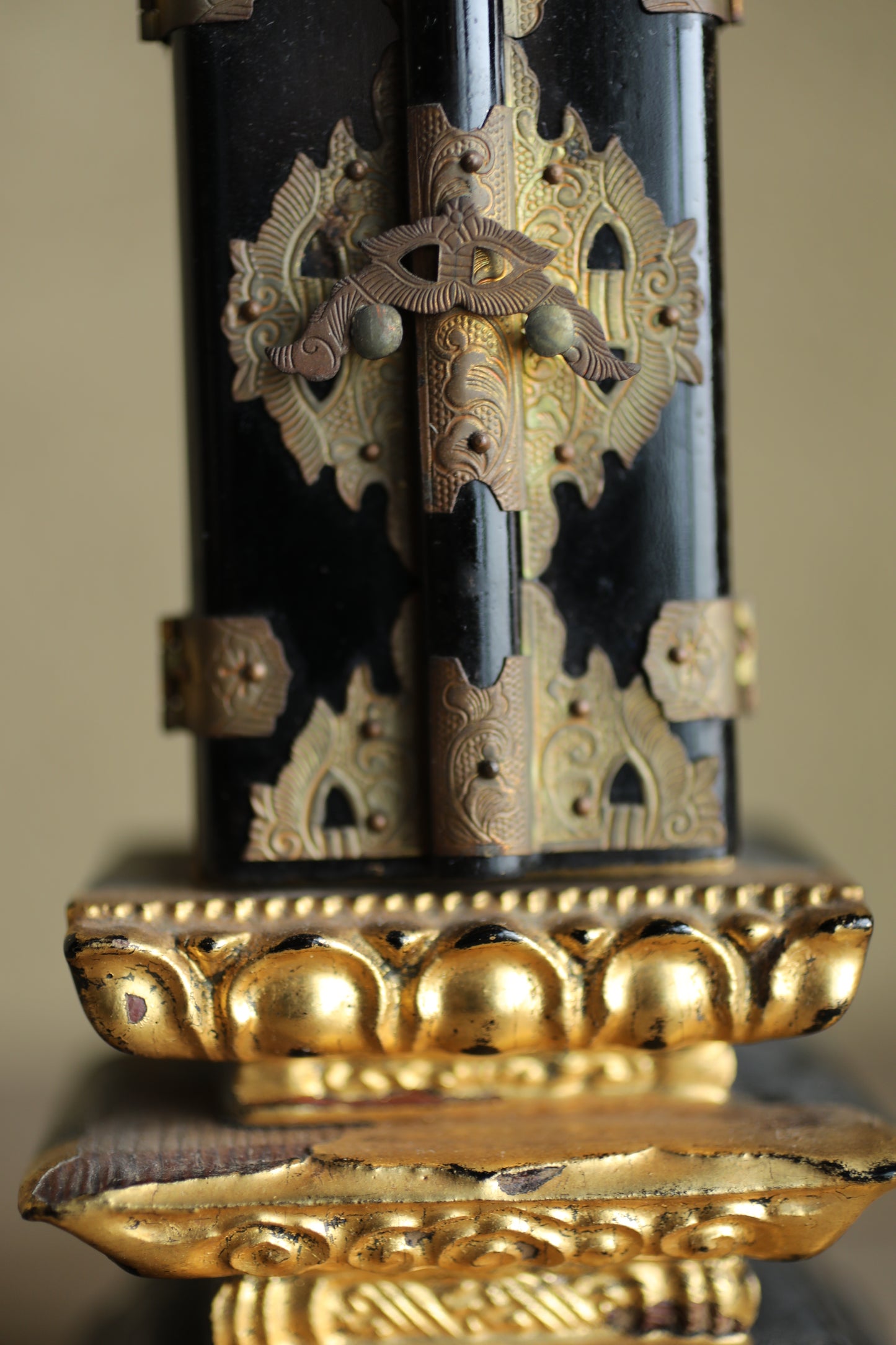 Vintage Japanese Buddhist Ihai Shrine: Gold Lacquer metal craft Ancestral Altar 1970s H8.3in/H21cm