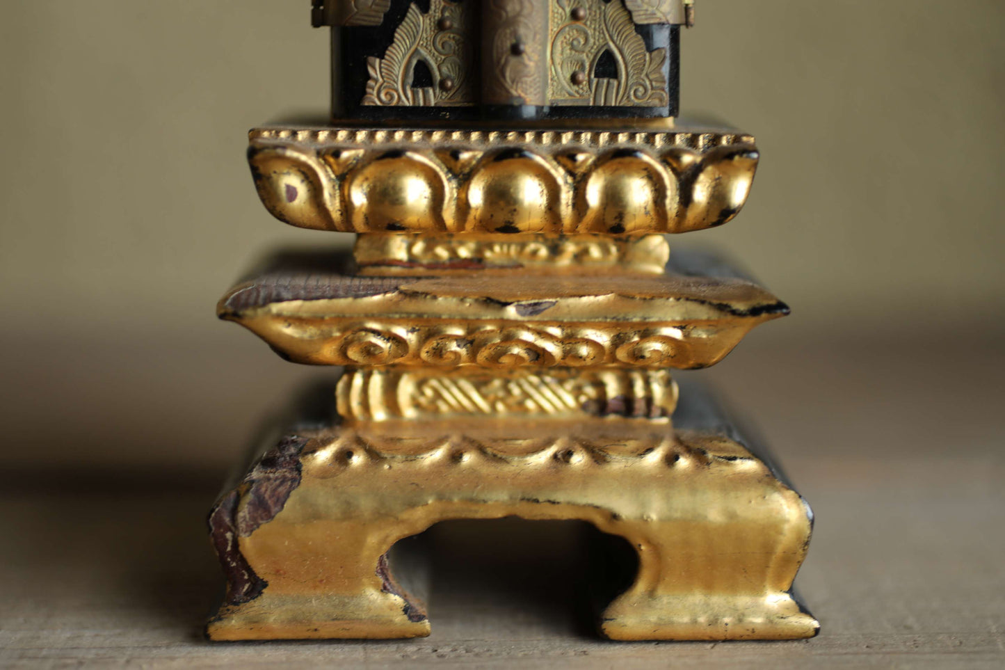 Vintage Japanese Buddhist Ihai Shrine: Gold Lacquer metal craft Ancestral Altar 1970s H8.3in/H21cm