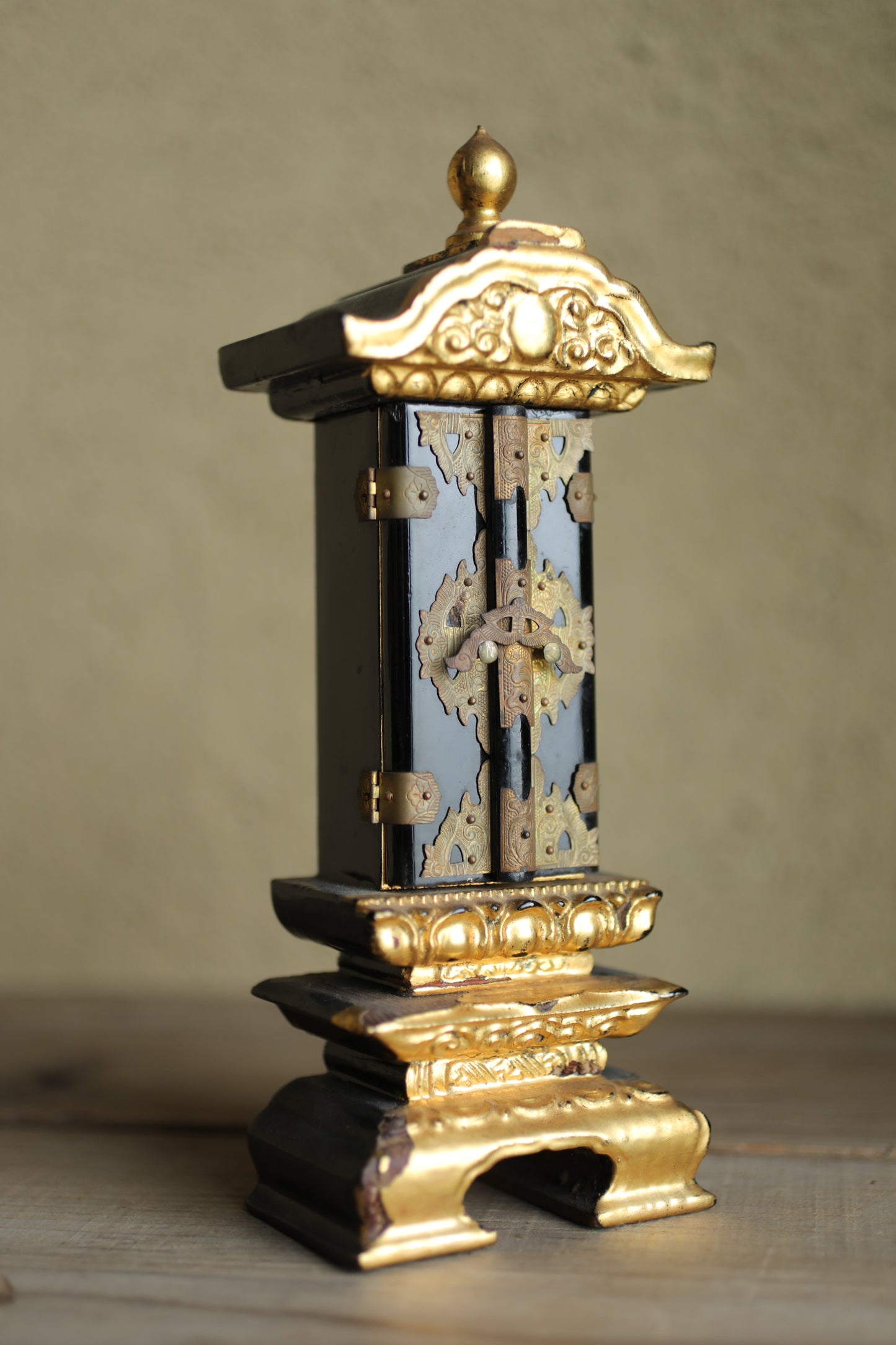 Vintage Japanese Buddhist Ihai Shrine: Gold Lacquer metal craft Ancestral Altar 1970s H8.3in/H21cm