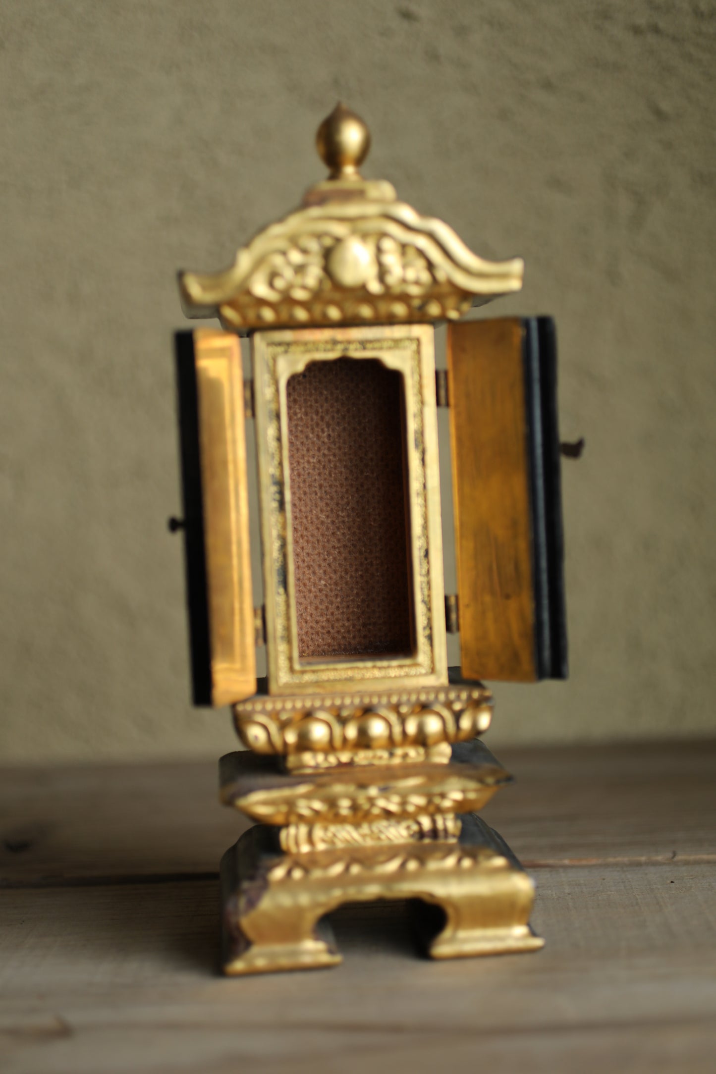 Vintage Japanese Buddhist Ihai Shrine: Gold Lacquer metal craft Ancestral Altar 1970s H8.3in/H21cm