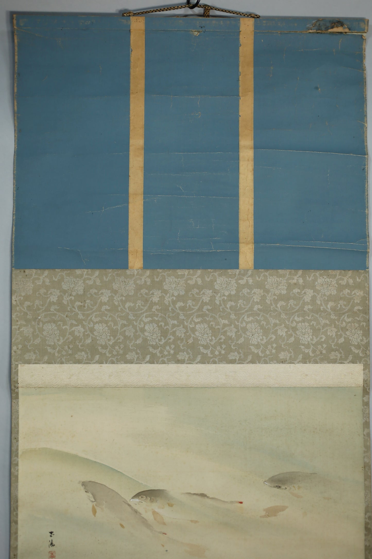 Japanese antique watercolor painting scroll fishes KAKEJIKU with BOX signed Inui Nanyo