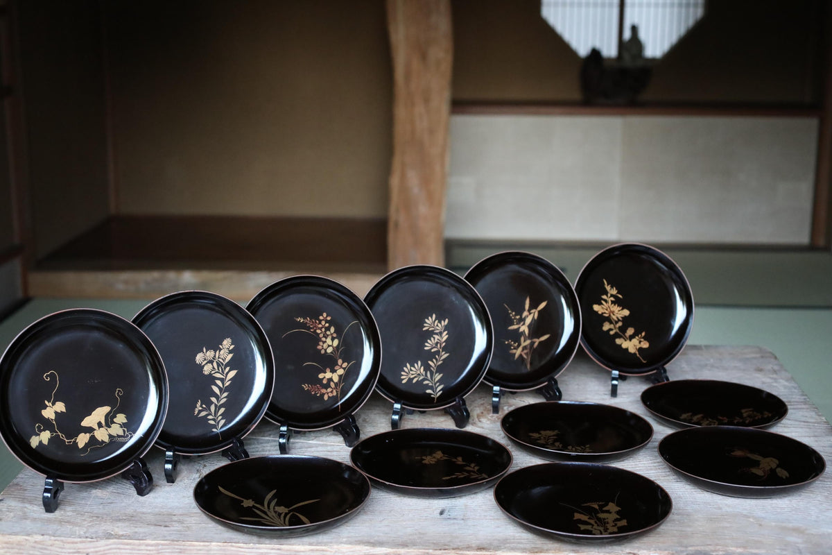 A collection of black plates with gold floral designs, arranged on a wooden surface.