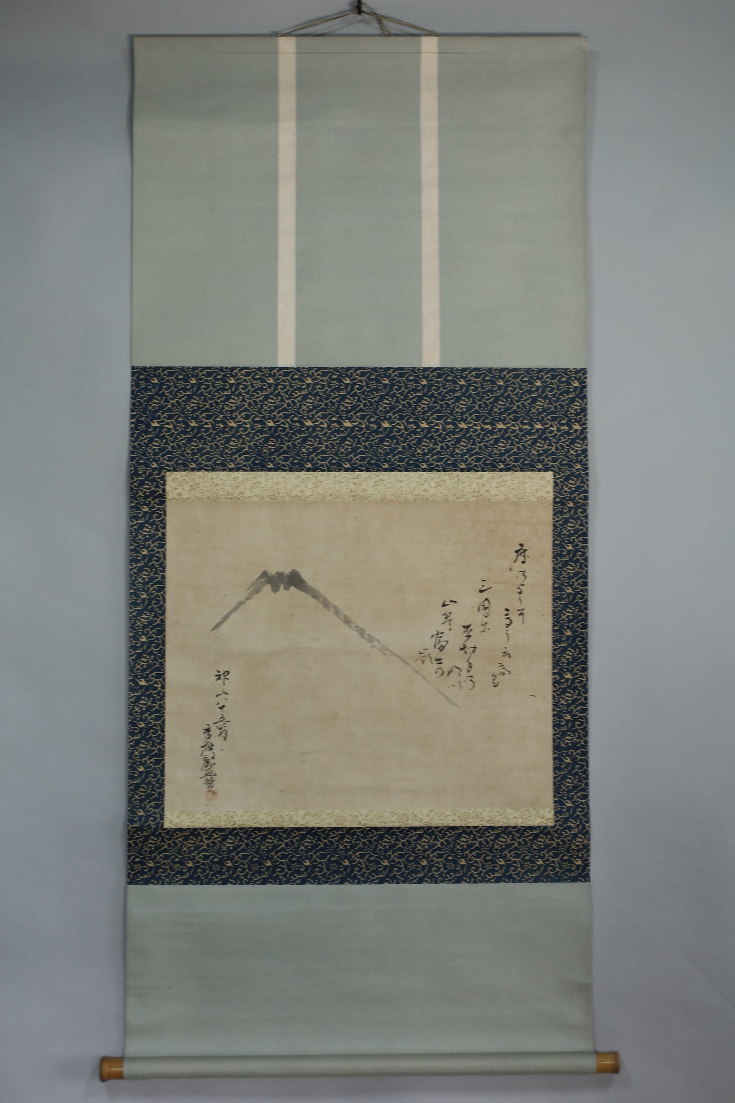 Antique Japanese Zen Scroll: Mt. Fuji Ink Painting, Kanji Calligraphy, Bamboo Rollers (Boxed)