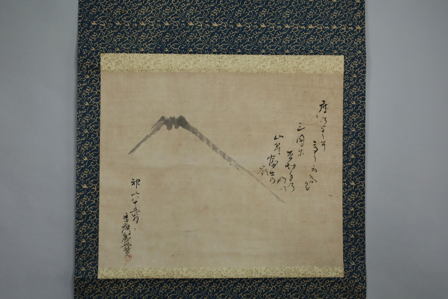 Antique Japanese Zen Scroll: Mt. Fuji Ink Painting, Kanji Calligraphy, Bamboo Rollers (Boxed)