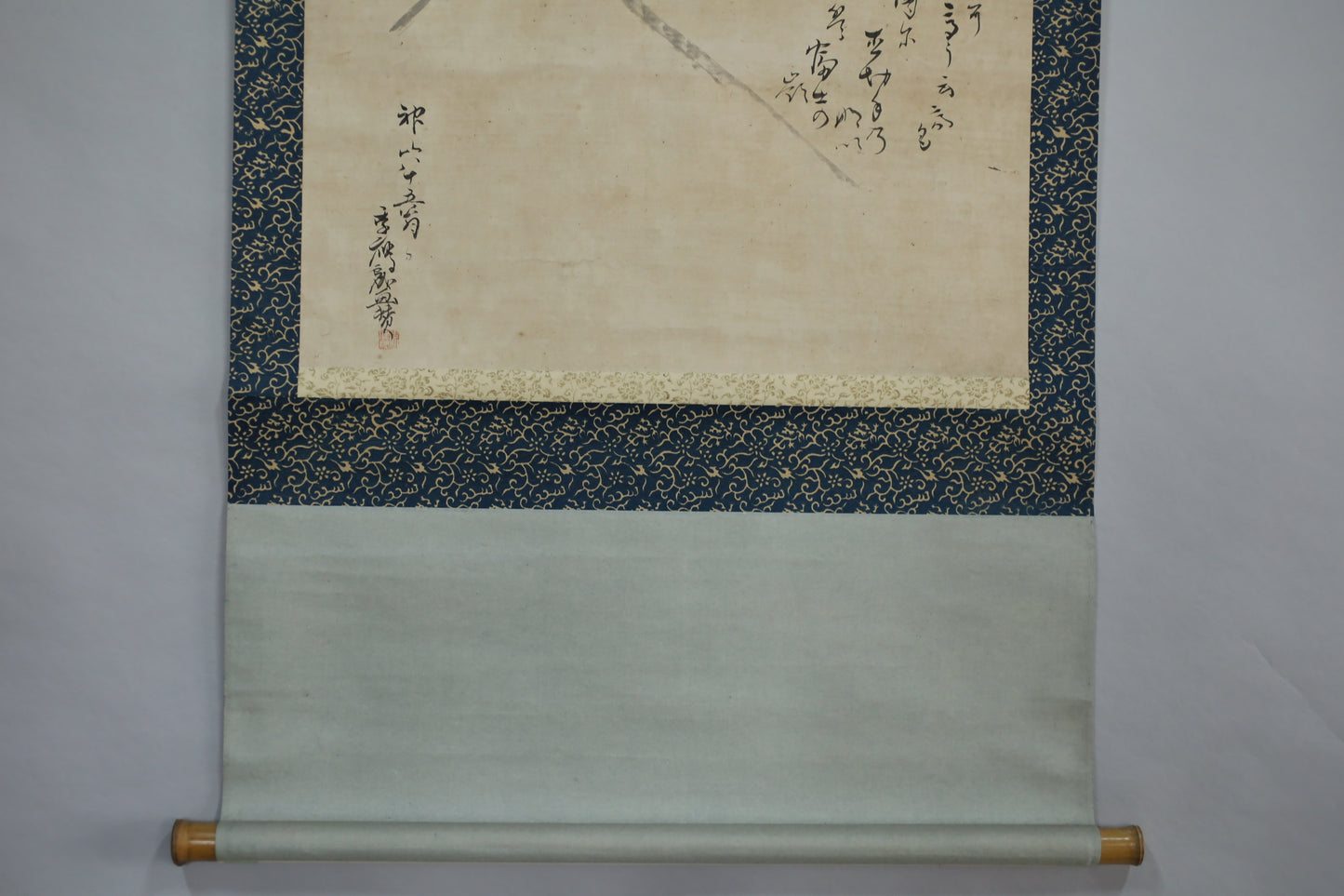 Antique Japanese Zen Scroll: Mt. Fuji Ink Painting, Kanji Calligraphy, Bamboo Rollers (Boxed)