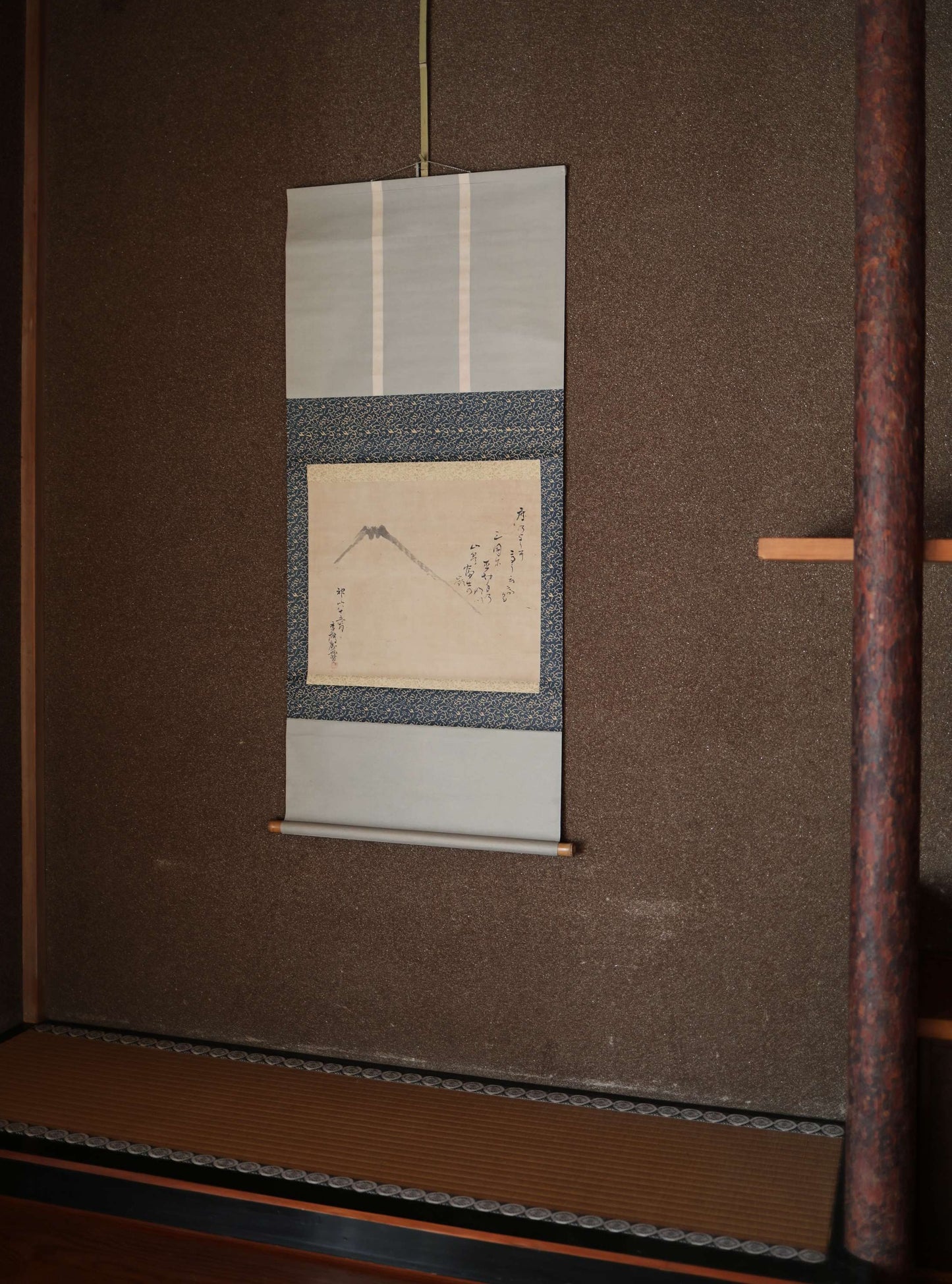 Antique Japanese Zen Scroll: Mt. Fuji Ink Painting, Kanji Calligraphy, Bamboo Rollers (Boxed)
