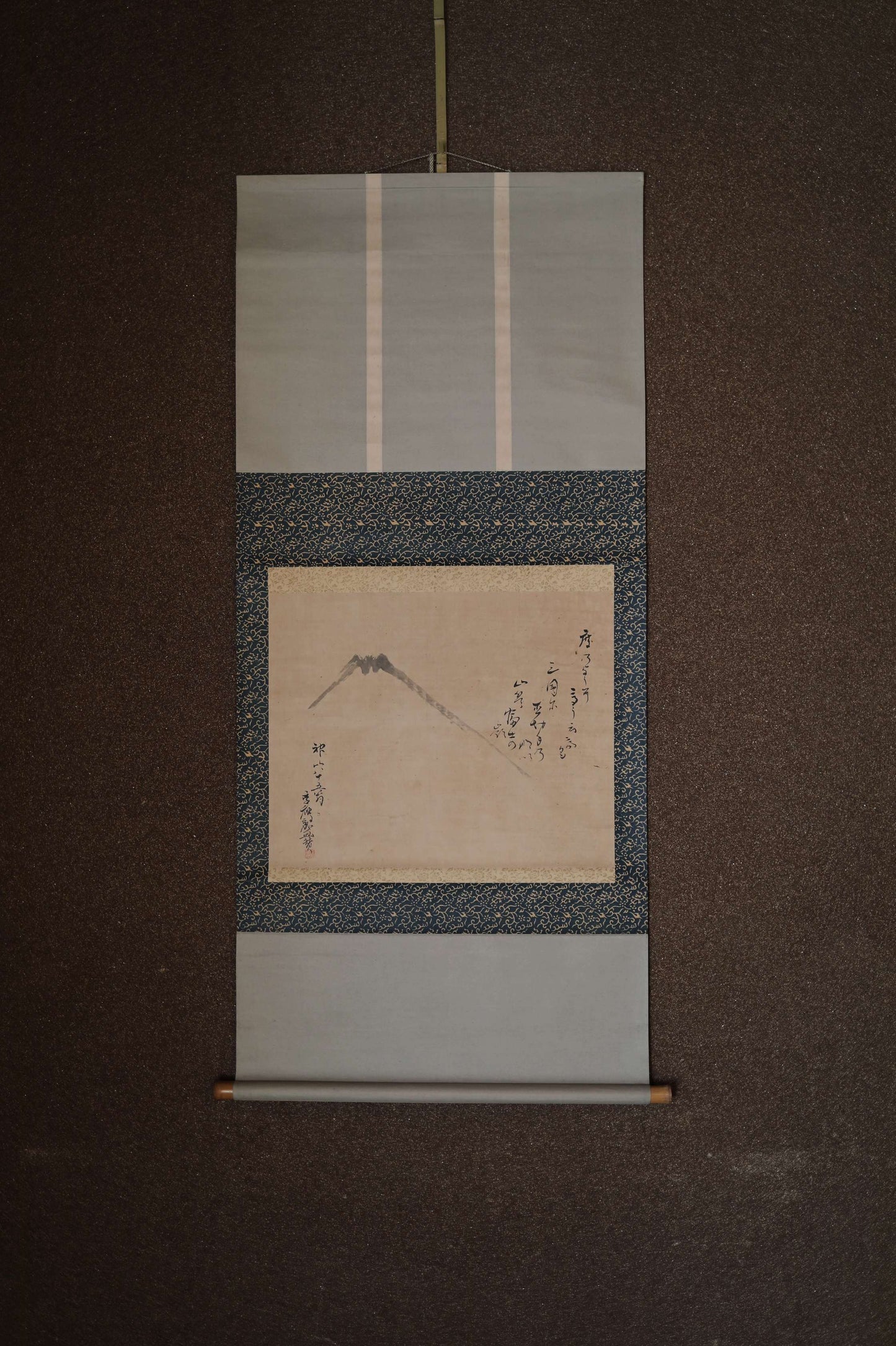 Antique Japanese Zen Scroll: Mt. Fuji Ink Painting, Kanji Calligraphy, Bamboo Rollers (Boxed)