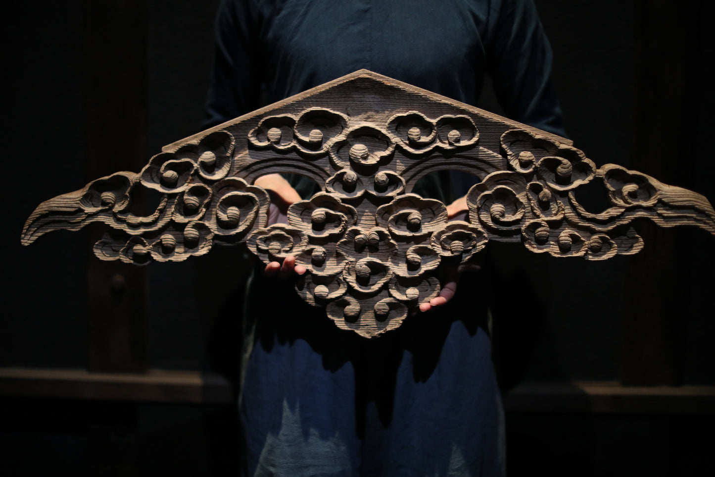 Antique Japanese Wood Carving Gegyo, Temple Water Crest Sculpture EDO