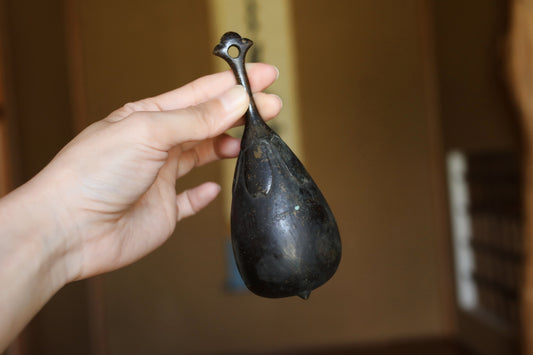 Japanese antique bronze eggplant shaped hand bell, Japanese lucky bell with handle and a hole 1900s H5.5in/H14cm