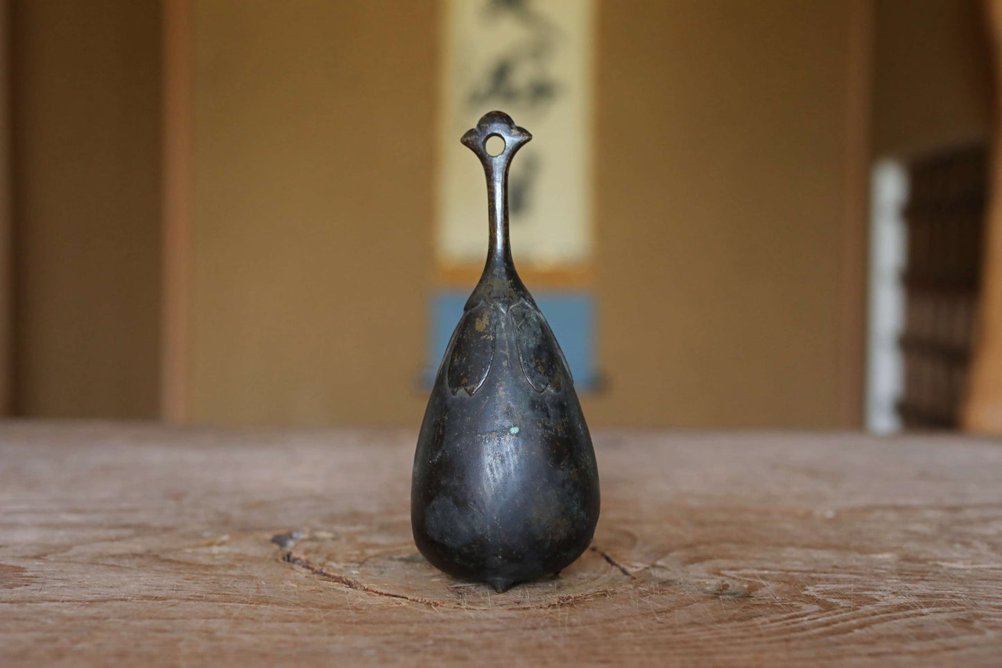 Japanese antique bronze eggplant shaped hand bell, Japanese lucky bell with handle and a hole 1900s H5.5in/H14cm