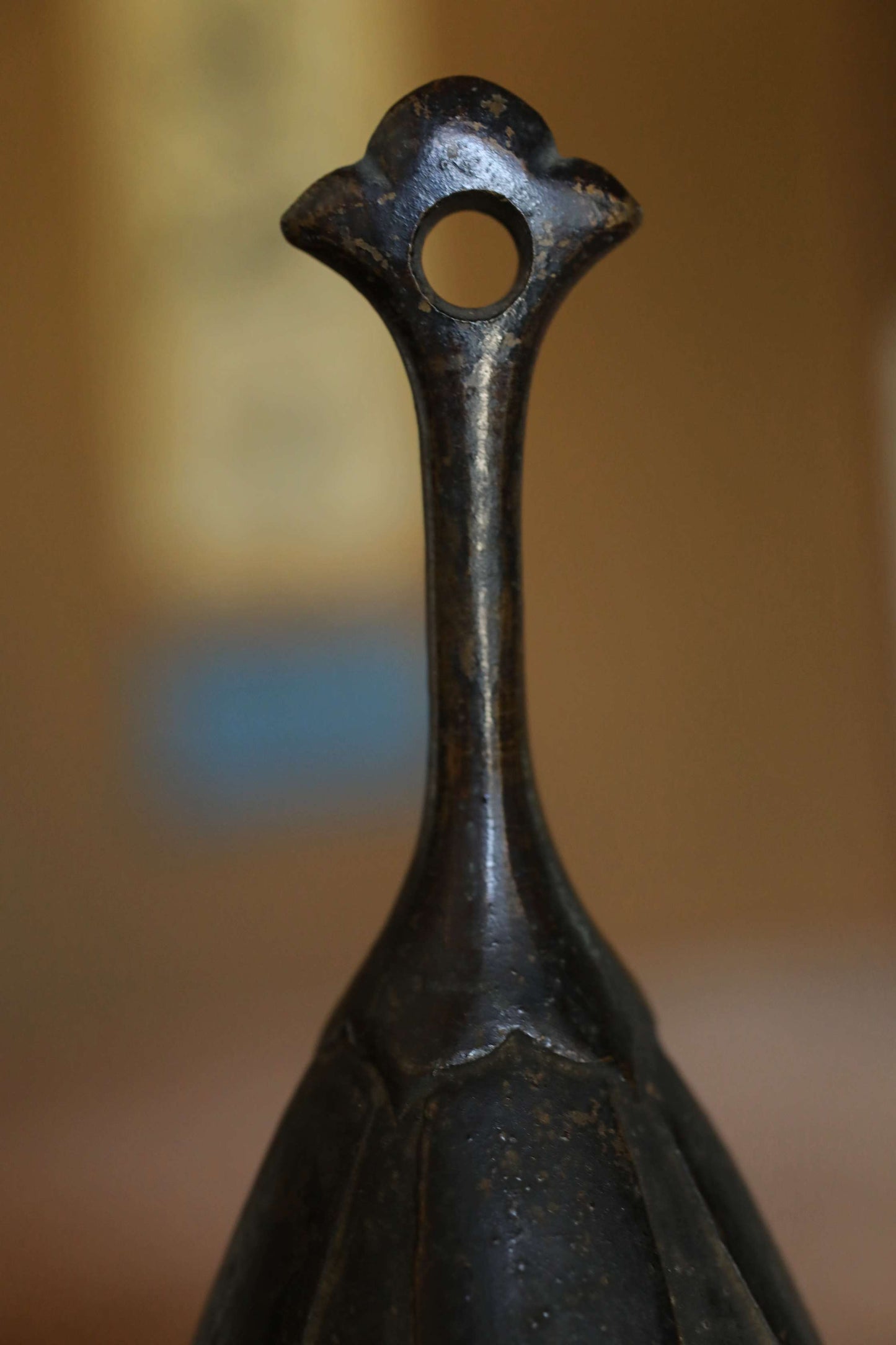 Japanese antique bronze eggplant shaped hand bell, Japanese lucky bell with handle and a hole 1900s H5.5in/H14cm