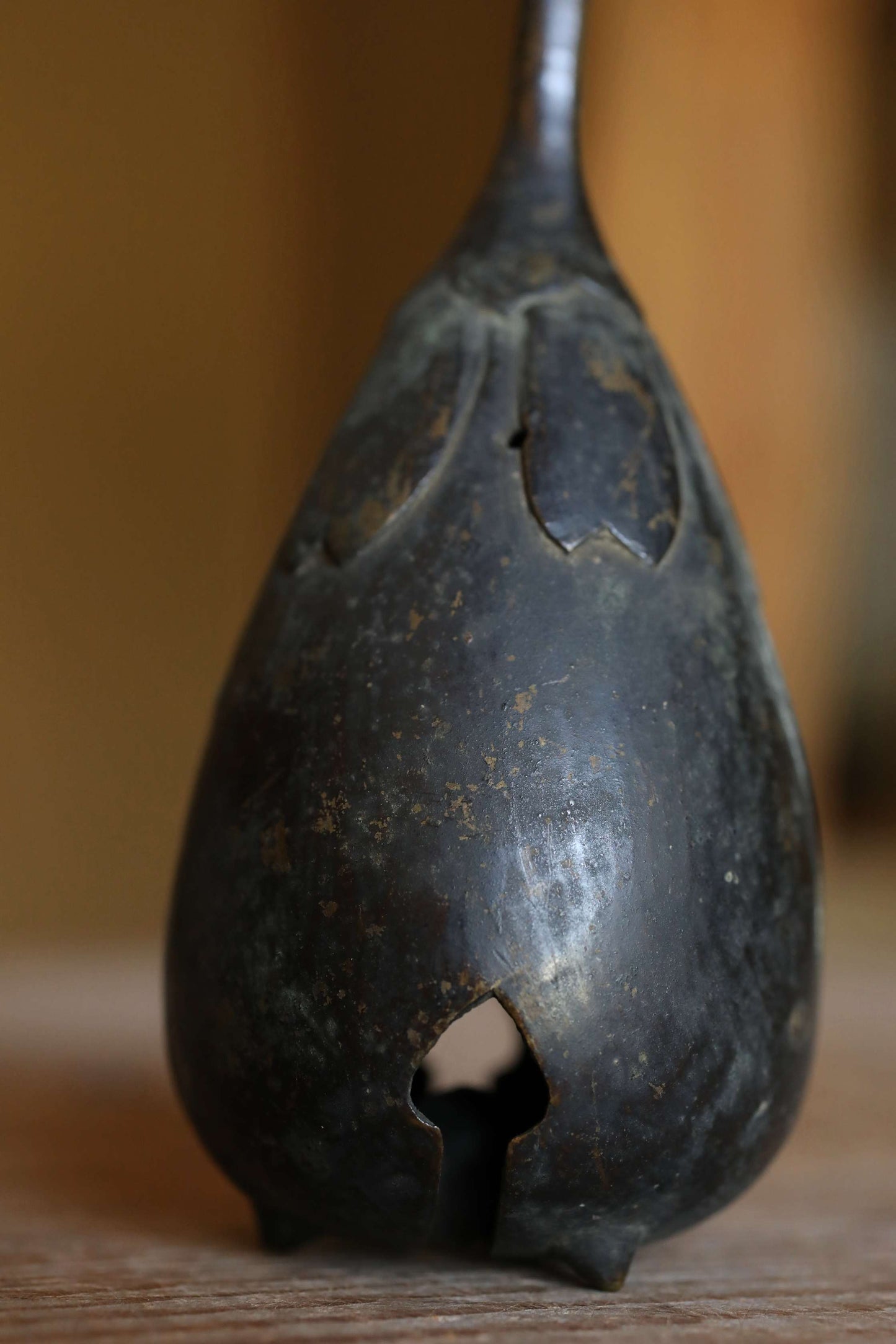 Japanese antique bronze eggplant shaped hand bell, Japanese lucky bell with handle and a hole 1900s H5.5in/H14cm