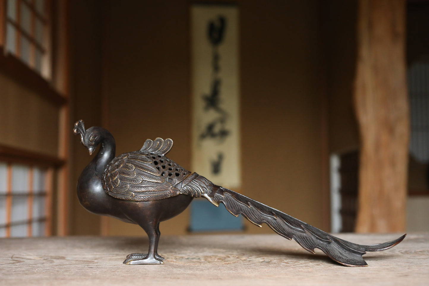Japanese antique Bronze Peacock Incense burner with a box, decorative lost wax incense censer, tea room furnishing H6.7×15.4in/H17×39cm