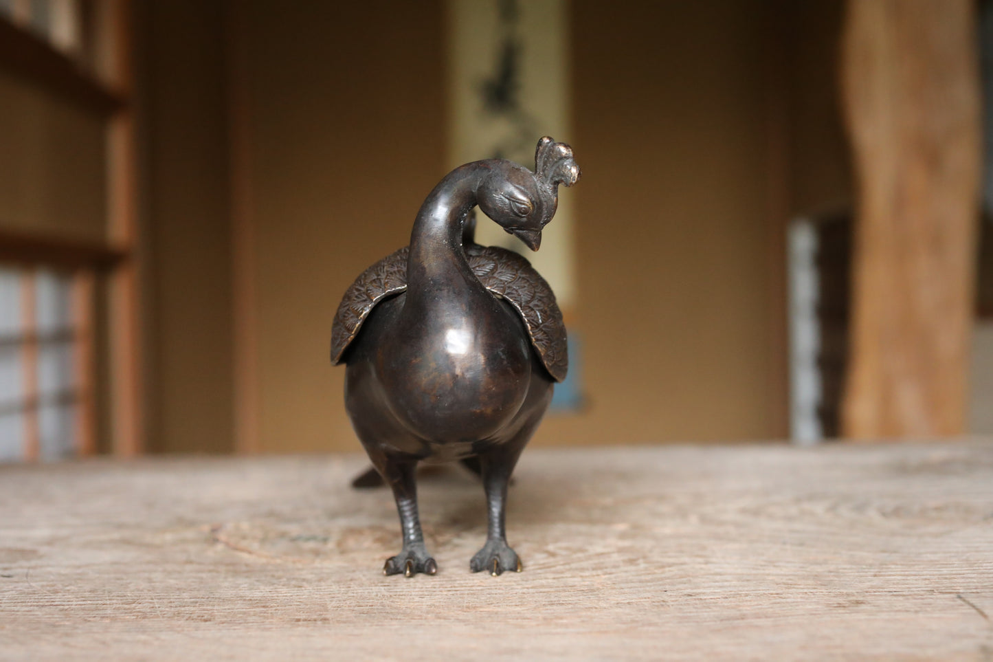 Japanese antique Bronze Peacock Incense burner with a box, decorative lost wax incense censer, tea room furnishing H6.7×15.4in/H17×39cm