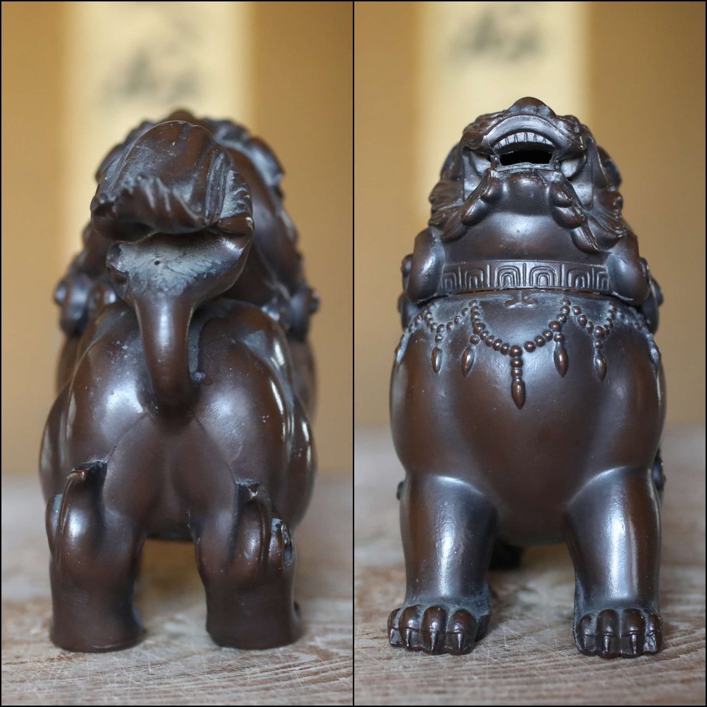FINE! Japanese vintage Bronze statue censer Koro shishi lion with signed, animal Incense burner 1950s buddhist temple H6.3xW7.5in/H16xW19cm