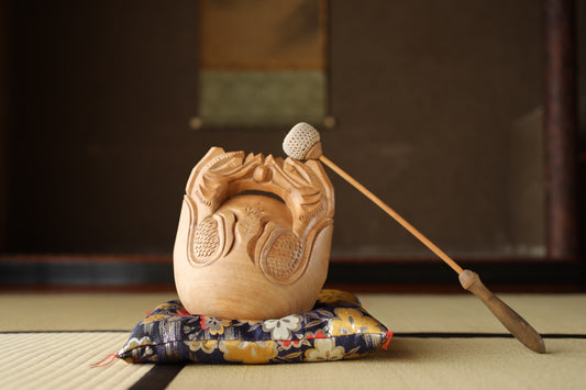 Japanese vintage buddhist alter Patina Wooden Fish drum gong "Mokugyo" with stick and cushion buddhist temple Chanting Drum 7.7in/19.5cm