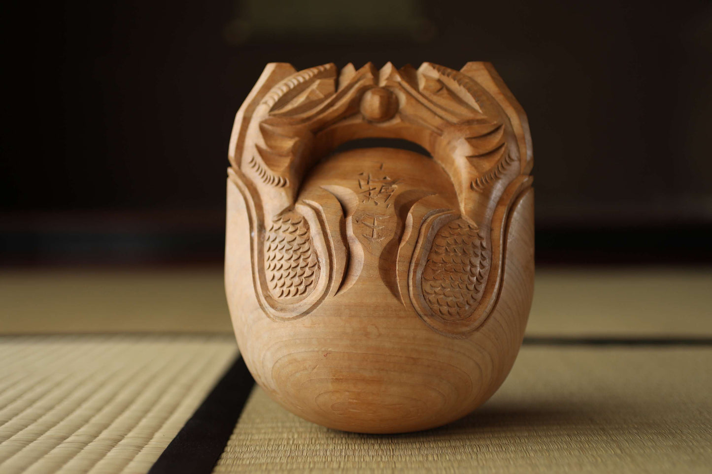 Japanese vintage buddhist alter Patina Wooden Fish drum gong "Mokugyo" with stick and cushion buddhist temple Chanting Drum 7.7in/19.5cm