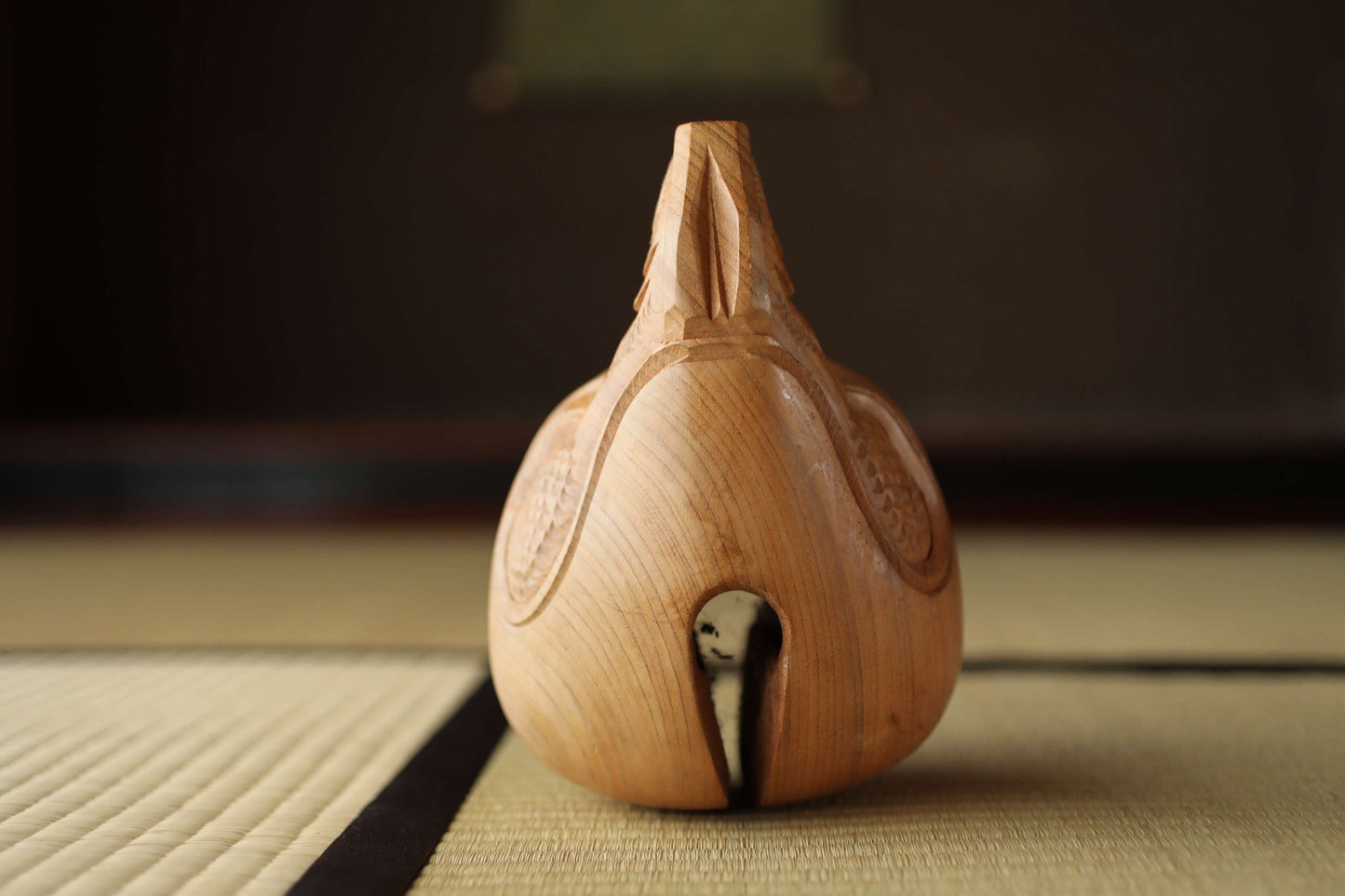 Japanese vintage buddhist alter Patina Wooden Fish drum gong "Mokugyo" with stick and cushion buddhist temple Chanting Drum 7.7in/19.5cm