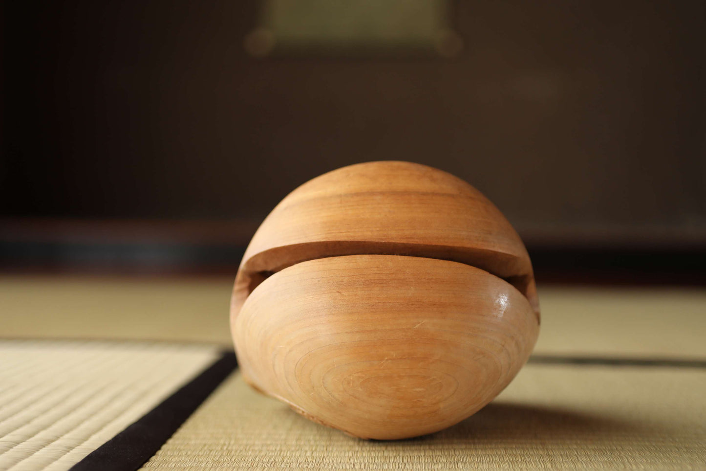 Japanese vintage buddhist alter Patina Wooden Fish drum gong "Mokugyo" with stick and cushion buddhist temple Chanting Drum 7.7in/19.5cm