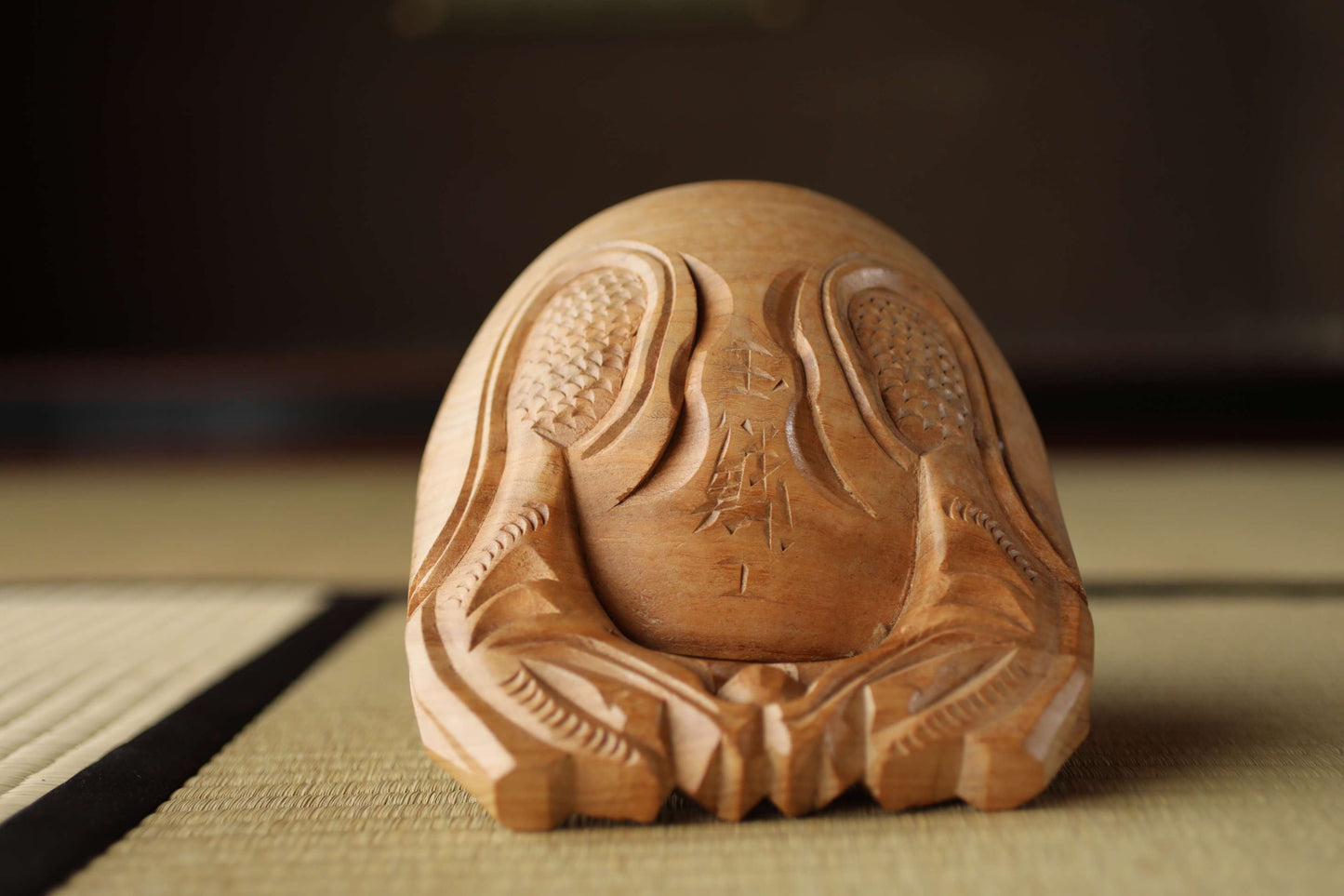 Japanese vintage buddhist alter Patina Wooden Fish drum gong "Mokugyo" with stick and cushion buddhist temple Chanting Drum 7.7in/19.5cm