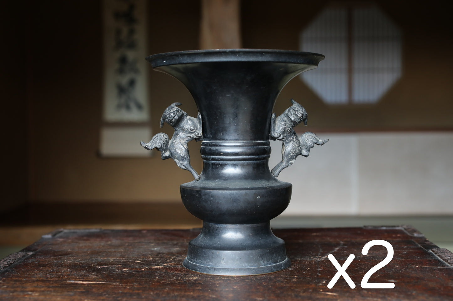 FOR RONNIE  FINE! Japanese antique bronze vase with little lions from a buddhist temple with a signature, ikebana utensil 1800s H8.3×7.7in/H21×19.5cm