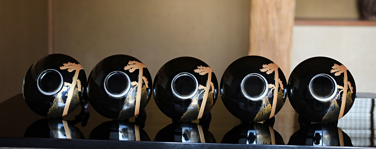 5 set Japanese antique MAKIE fine lacquer bowls with Crescent-shaped lid painting of falcon pine tree at night,  Owan black gold W5.1in/13cm