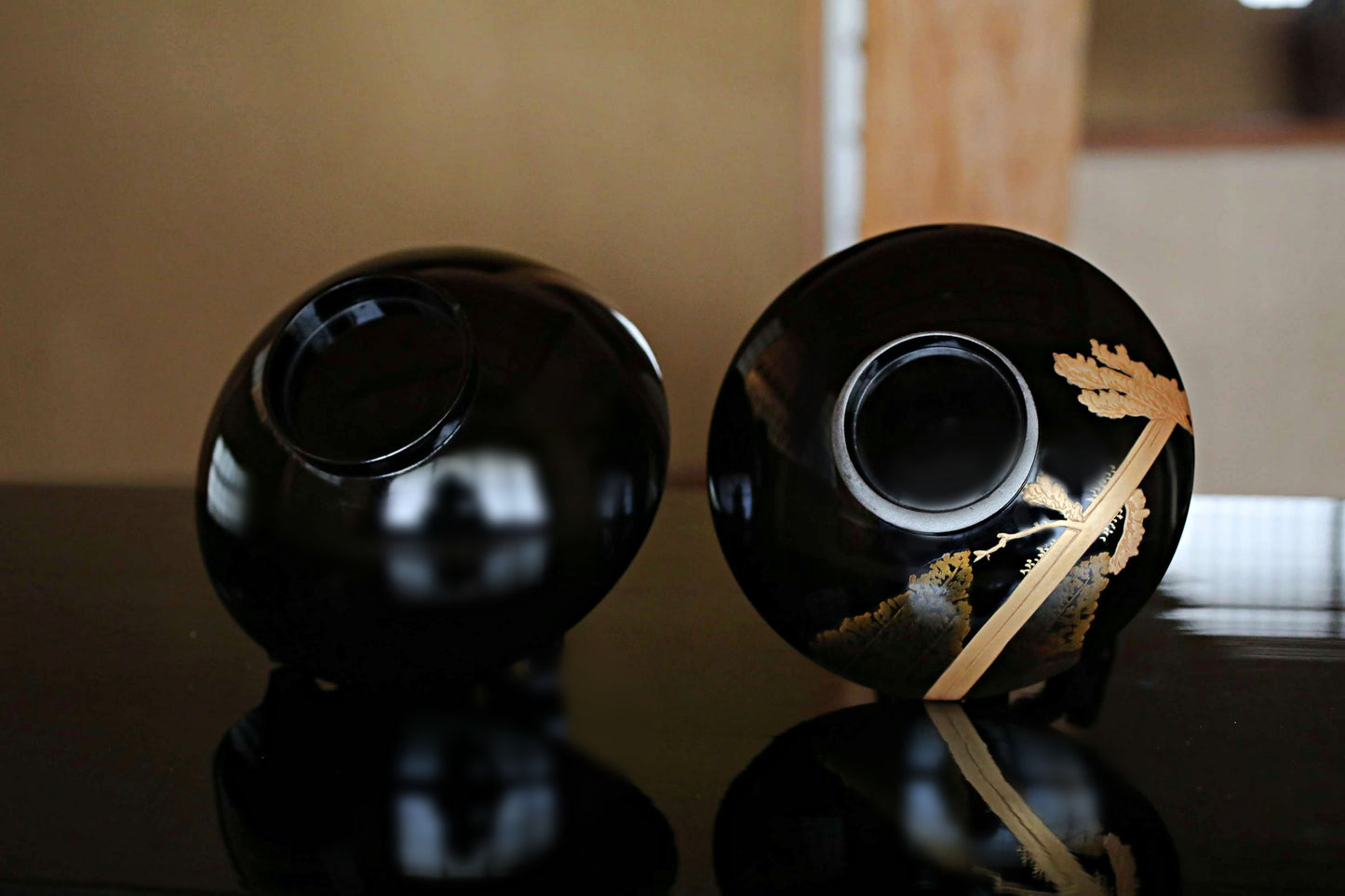 5 set Japanese antique MAKIE fine lacquer bowls with Crescent-shaped lid painting of falcon pine tree at night,  Owan black gold W5.1in/13cm