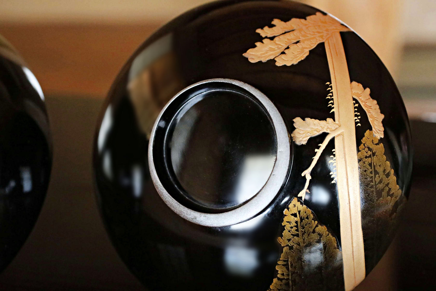 5 set Japanese antique MAKIE fine lacquer bowls with Crescent-shaped lid painting of falcon pine tree at night,  Owan black gold W5.1in/13cm