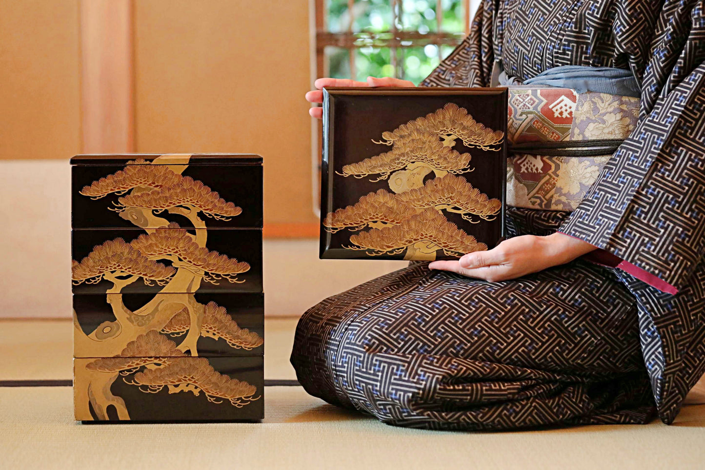 Antique Japanese Lacquer Jubako Box: Edo Pine Tree Makie, 4-Tiered