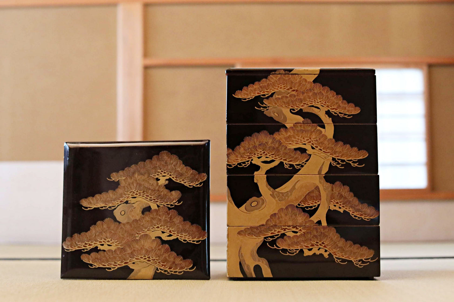 Antique Japanese Lacquer Jubako Box: Edo Pine Tree Makie, 4-Tiered