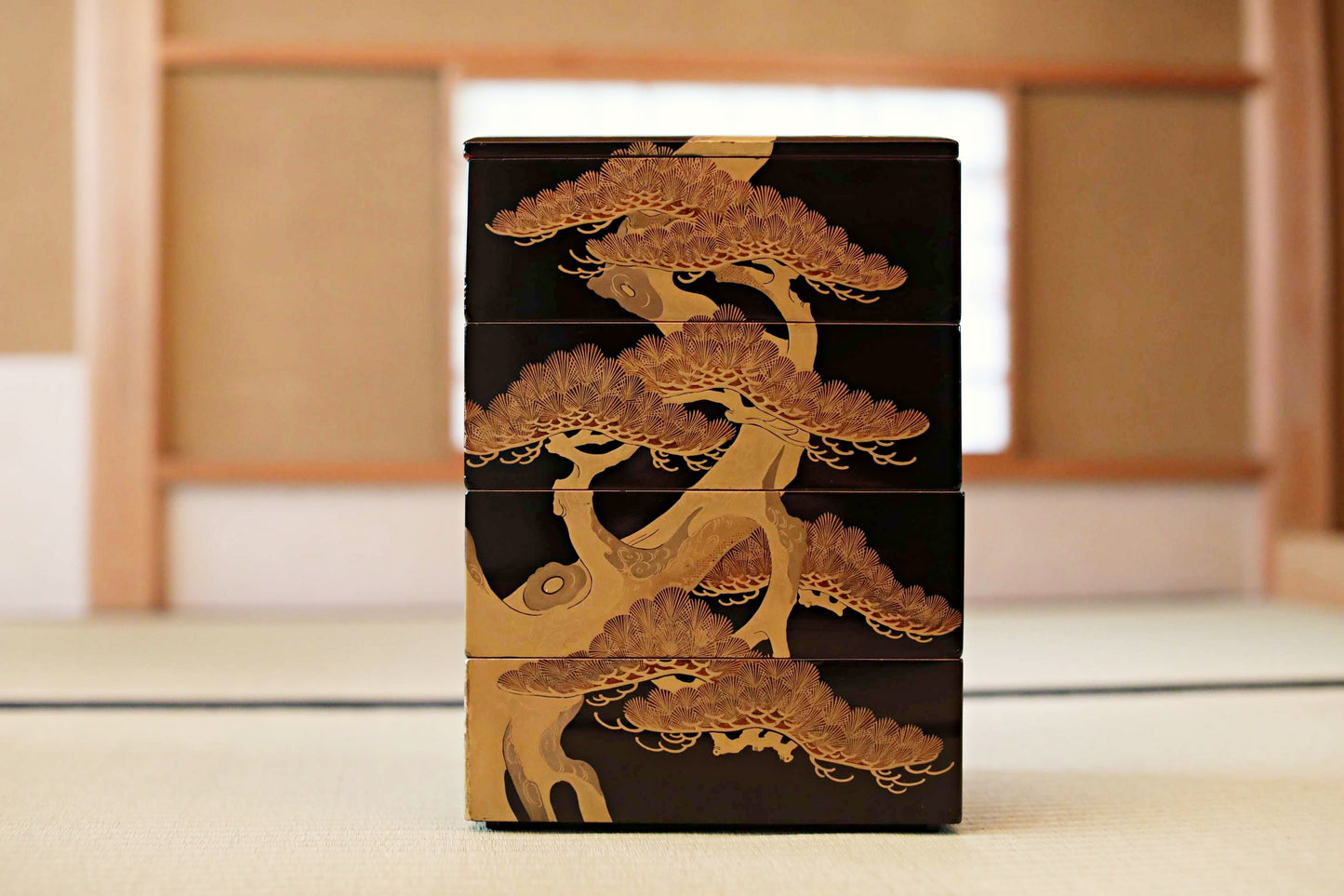 Antique Japanese Lacquer Jubako Box: Edo Pine Tree Makie, 4-Tiered