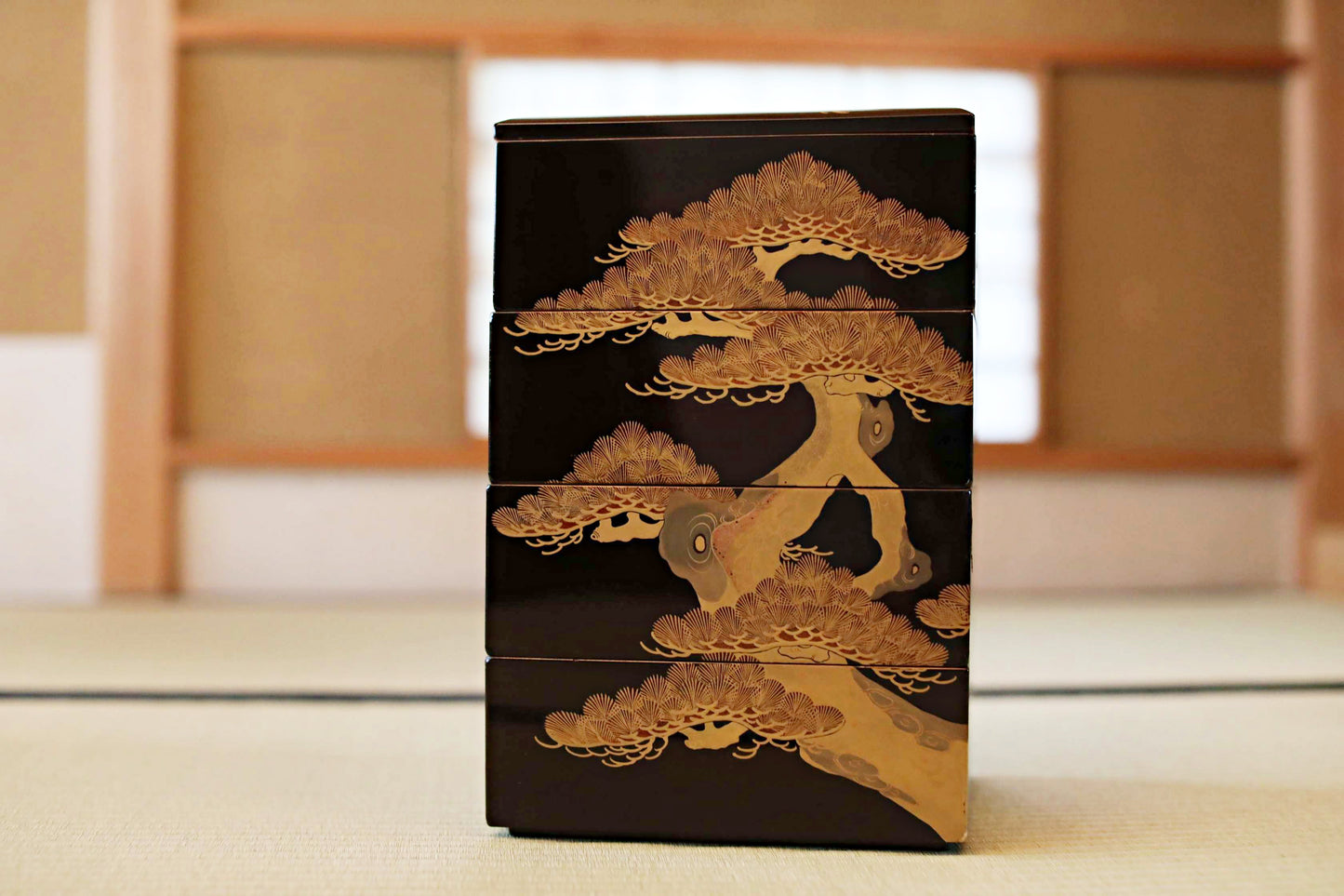 Antique Japanese Lacquer Jubako Box: Edo Pine Tree Makie, 4-Tiered
