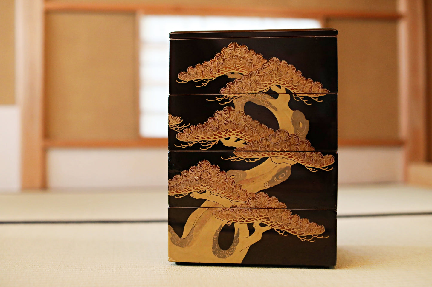 Antique Japanese Lacquer Jubako Box: Edo Pine Tree Makie, 4-Tiered