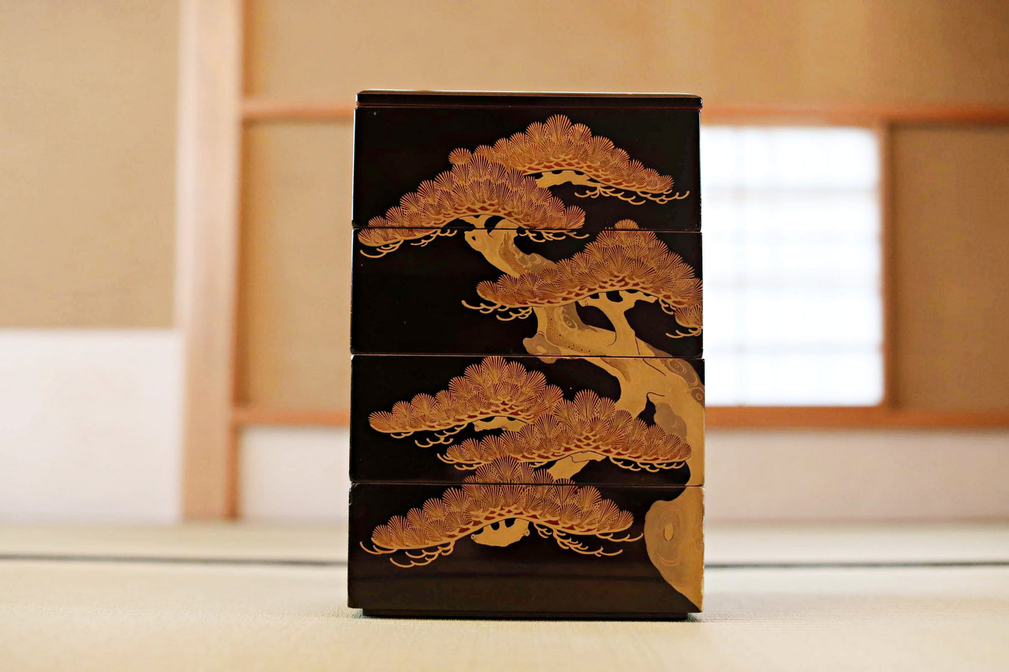 Antique Japanese Lacquer Jubako Box: Edo Pine Tree Makie, 4-Tiered