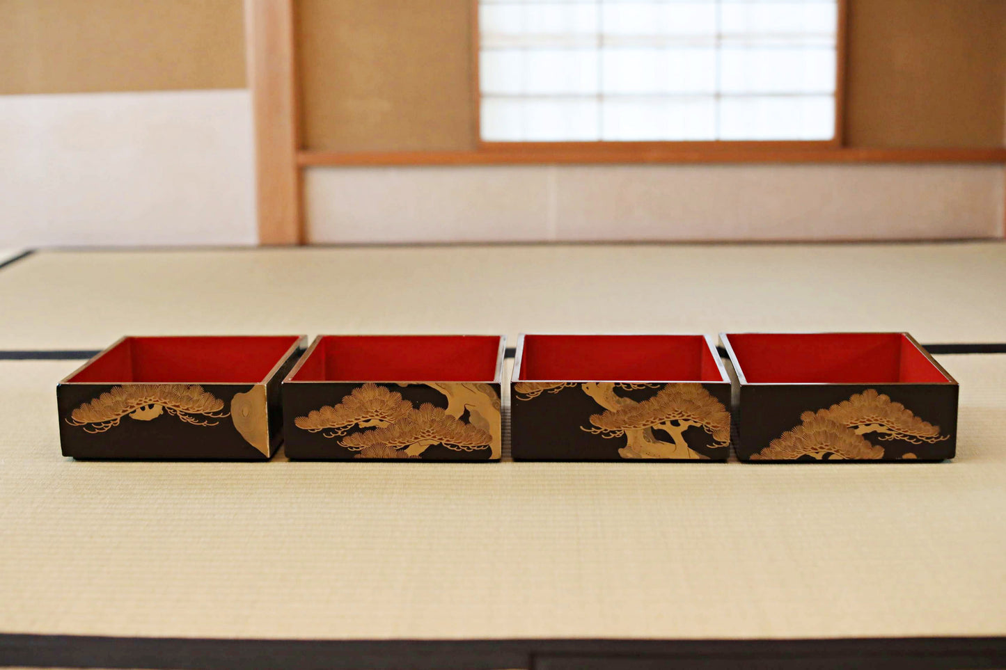 Antique Japanese Lacquer Jubako Box: Edo Pine Tree Makie, 4-Tiered