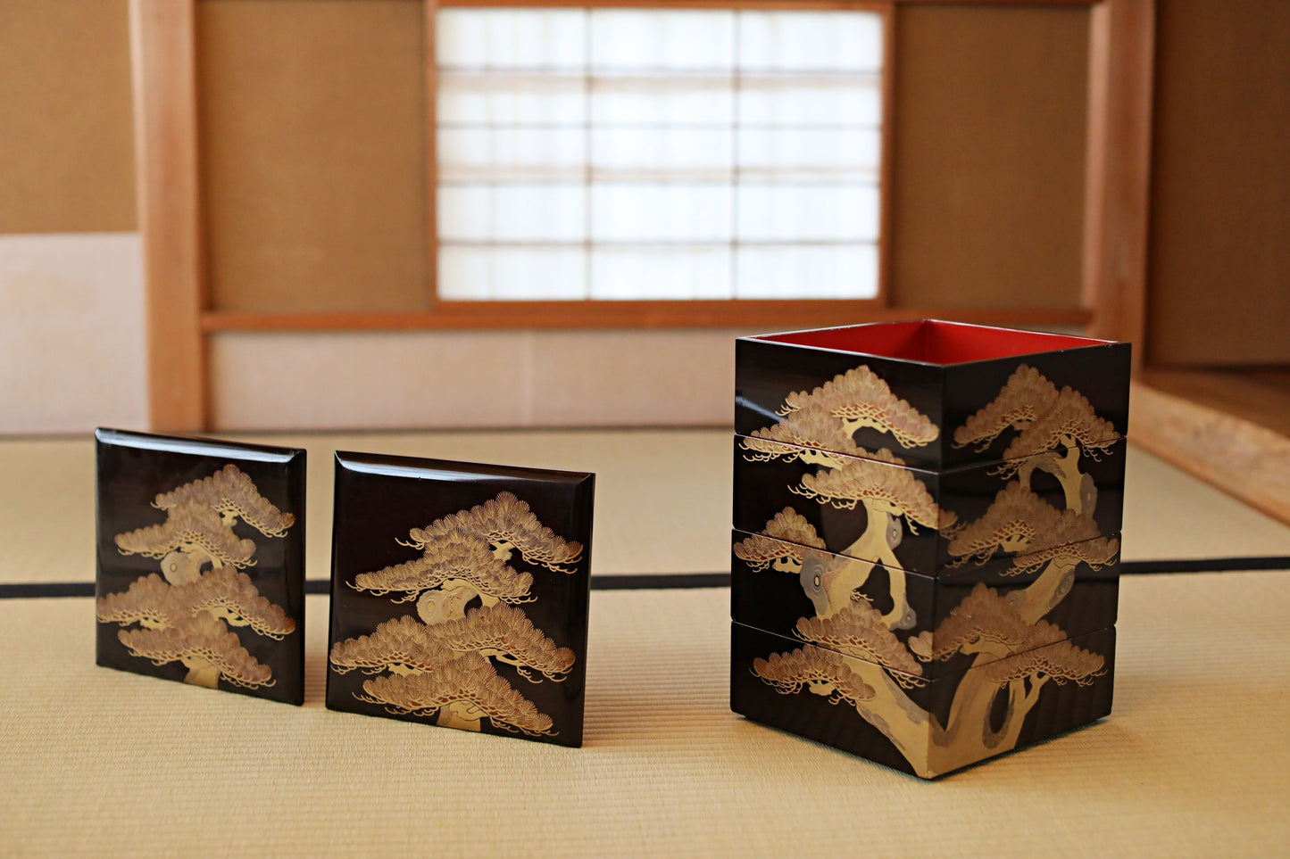 Antique Japanese Lacquer Jubako Box: Edo Pine Tree Makie, 4-Tiered
