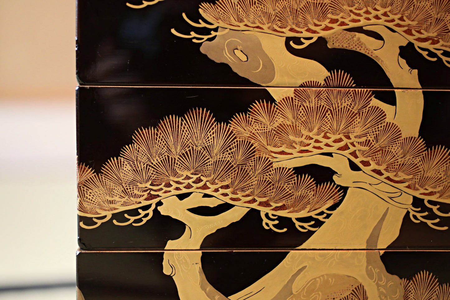 Antique Japanese Lacquer Jubako Box: Edo Pine Tree Makie, 4-Tiered