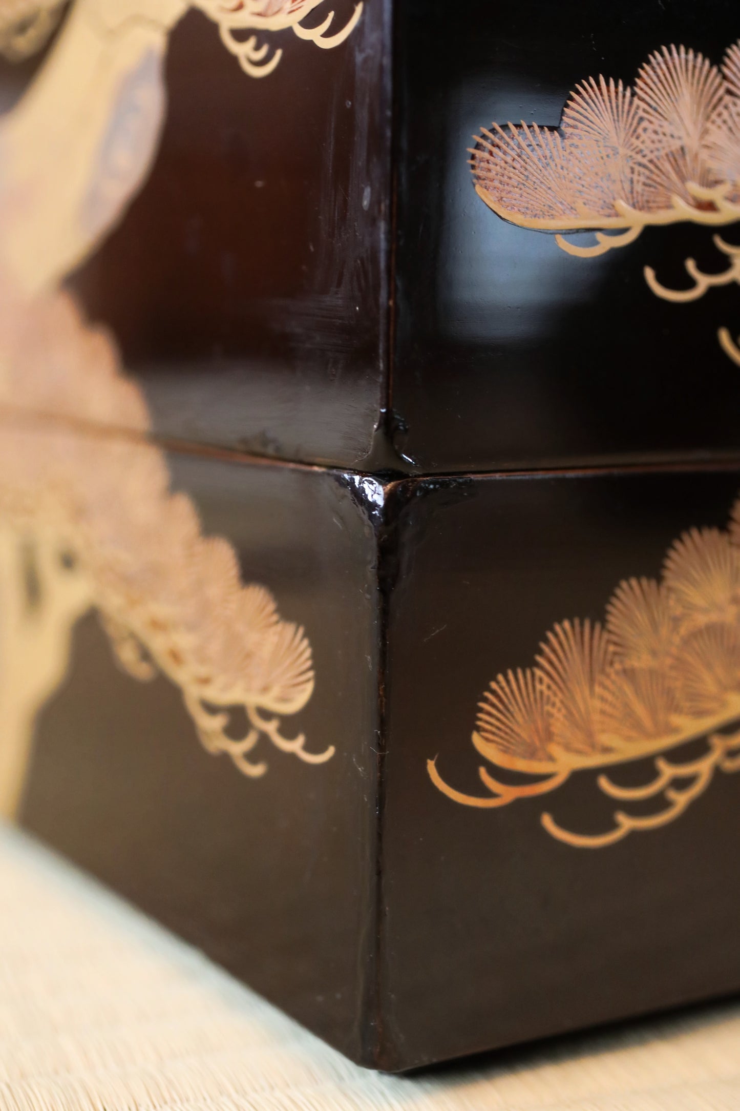 Antique Japanese Lacquer Jubako Box: Edo Pine Tree Makie, 4-Tiered