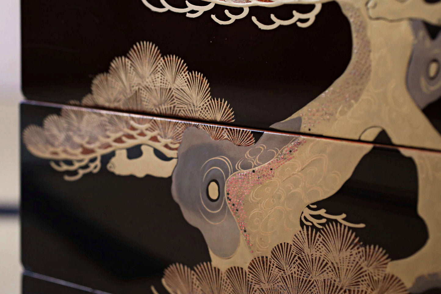 Antique Japanese Lacquer Jubako Box: Edo Pine Tree Makie, 4-Tiered