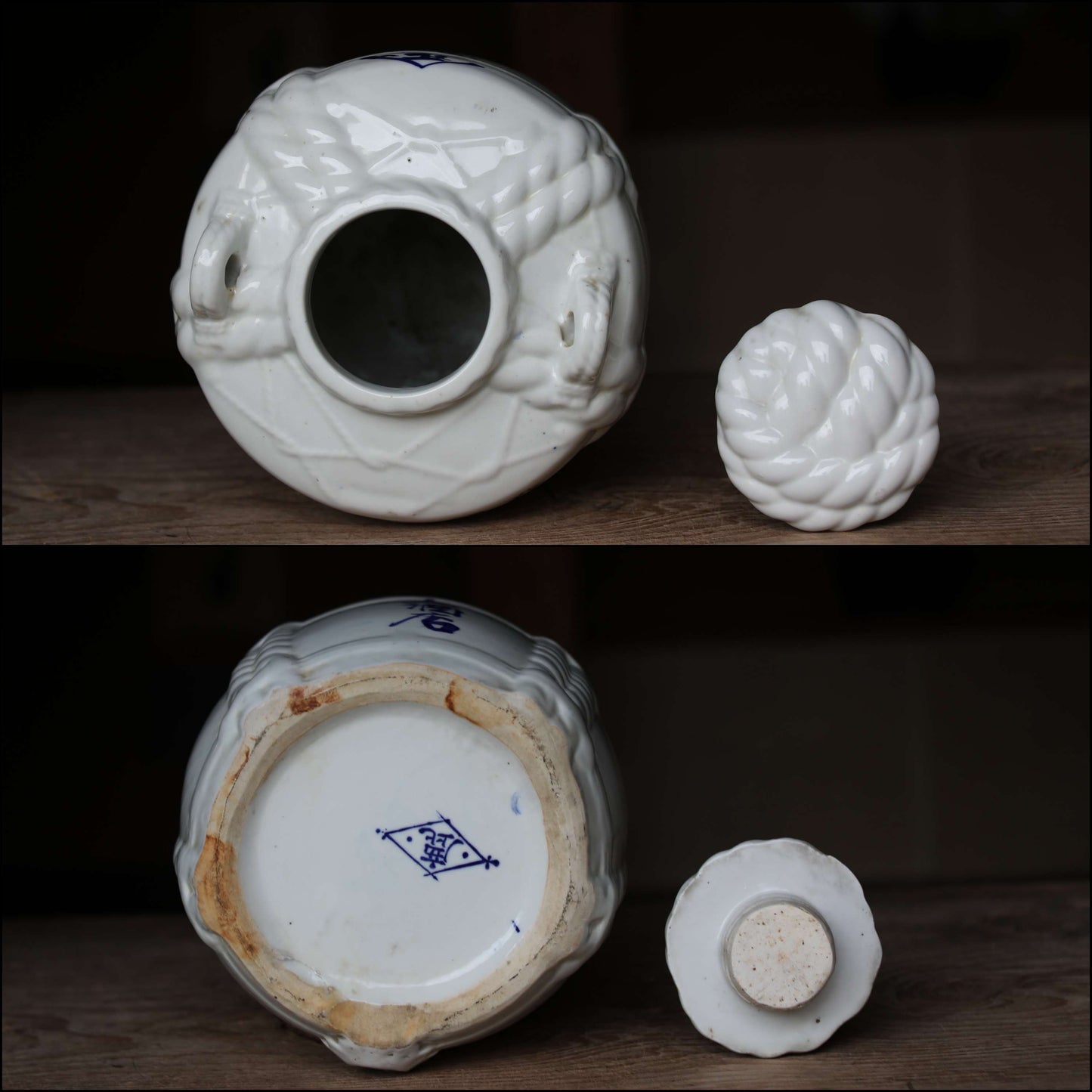 Japanese antique Sake barrel TARU porcelain sake distillery shop jar indigo blue with 正宗Kanji calligraphy sake brand 1910s H9.1in/23cm