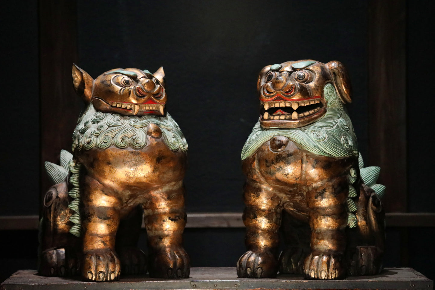 Antique Japanese Wood Shishi Lion Sculptures pair, Temple Guardian Statues, 1900s